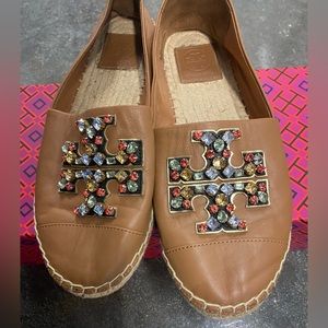 Tory Burch Embellished Logo Espadrilles Tan